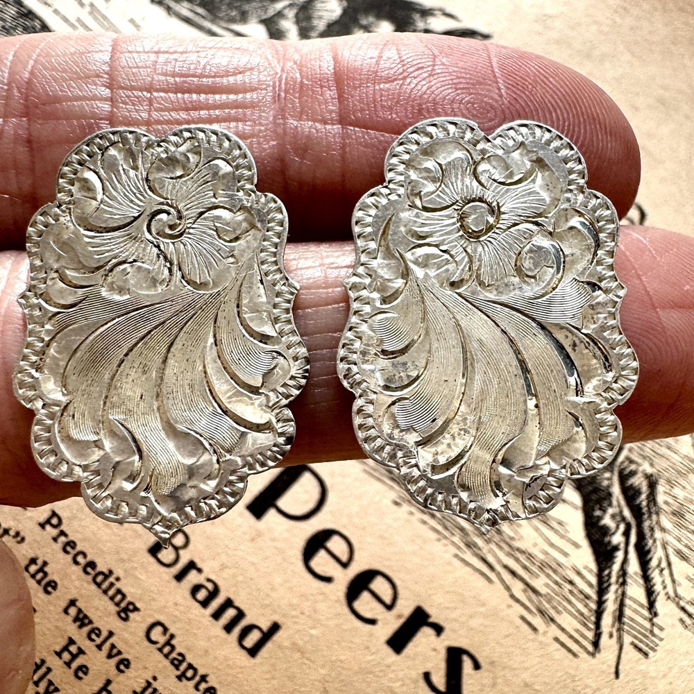 Western Bright Cut Earrings Signed Wanda Post Sterling USA Scrollwork